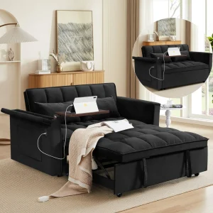 3-in-1 Sleeper Sofa Bed with Storage & USB Port, 55" Folding Recliner Chaise Lounge Chair W/Adjustable Back, Velvet Theater Dou