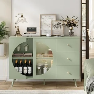 Modern Cream Style Buffets & Sideboards with Wine Glass Rack, Coffee Bar Cabinet with Fluted Glass Door