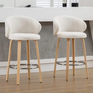 Modern Bar Stools Set of 2, 26" Counter Height Stools with Barrel Back, White Sherpa Kitchen Island Chair with Wood Legs for Di