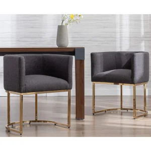 Linen Upholstered Dining Chairs with Barrel Back, Mid Century Modern Padded Restaurant Chairs with Gold Metal Frame for Kitchen