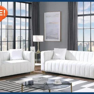 Living Room Furniture Set-2 Piece,Including Loveseat and 3-Seater Sofa Couch with Channel Tufted Velvet Fabric,4 Pillows,White