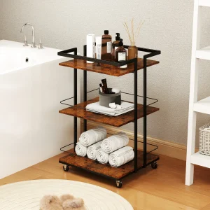 3-layer wooden brown wood grain trolley, suitable for bathroom beauty salon store