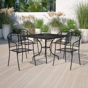 Flash Furniture Oia 5-Piece Commercial Grade Steel Patio Table And Chairs Set, Outdoor Dining Set With Square Table And 4 Round