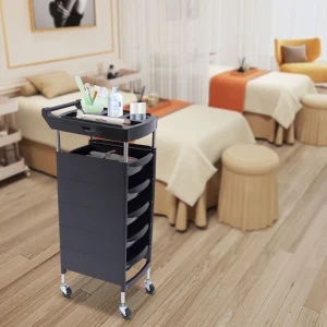 Bymaocar 6--layer Beauty Tool Cart, Black Movable Storage Cabinet W/ 5 Drawers & 2 Trays for Beauty Salons,Hair Salons,Hospitals