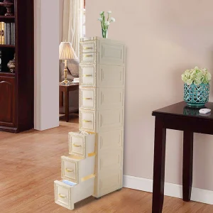 Milk White 7-layer Plastic Storage Cabinet with 8 Drawers & 4 Wheels, Modern Rectangular Design Storage Furniture Easy Assembly