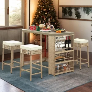 5 Piece Patio Bar Set, Outdoor High Top Table and Chairs with Wine Glass Holder and Soft Cushions, Outdoor Wicker Furniture for