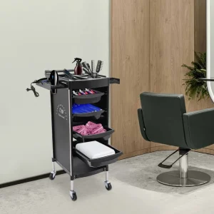 6 Tier Drawer Type Multi Functional Salon Trolley Hairdressing Shelf 4 Universal Wheels Free Standing for Spas Homes (Black)