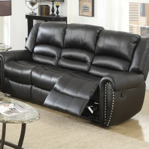 Plush Relax 1pc Manual Motion Sofa Only Black Color Bonded Leather 3-Seat Couch Armrest Cushion Seating Living Room Furniture