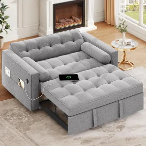 Convertible Sleeper Sofa Bed Loveseat Couch with Pullout Bed, USB Ports, Storage Pocket， Modern Lounge Furniture