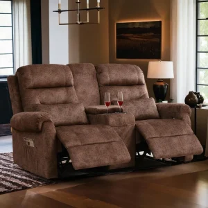 RV Loveseat Recliner with Console, Reclining Loveseat Sofa, Manual Home Theater Seating Loveseat with Pockets/Cup Holders, RV re