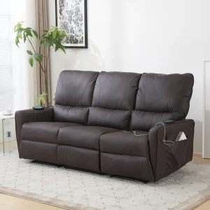 3 Seater Living Room Sofa Console Theater Seating Powered Recliner Sofa With USB Charging Station Massage Heat Faux Leather