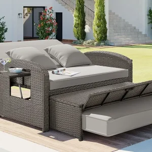 TOPMAX PE Wicker Rattan Double Chaise Lounge, 2-Person Reclining Daybed with Adjustable Back and Cushions, Free Furniture Protec
