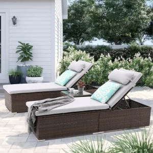3 Pcs Patio Chaise Lounge with Coffee Table Cushion&Pillow Outdoor Lounge Chair Chaise Lounger Patio Reclining Chair 5 Angle Adj
