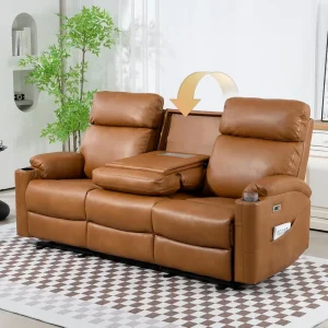 Power Reclining Sofa - 3 Seater Recliner Sofás, PU Leather Recliner Sofa, Home Theater Seating with Flipped Middle Backrest, Pow