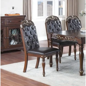 Formal Set of 2 Side Chairs Brown Finish Rubberwood Dining Room Furniture Intricate Design Cushion Upholstered Seat Tufted Back
